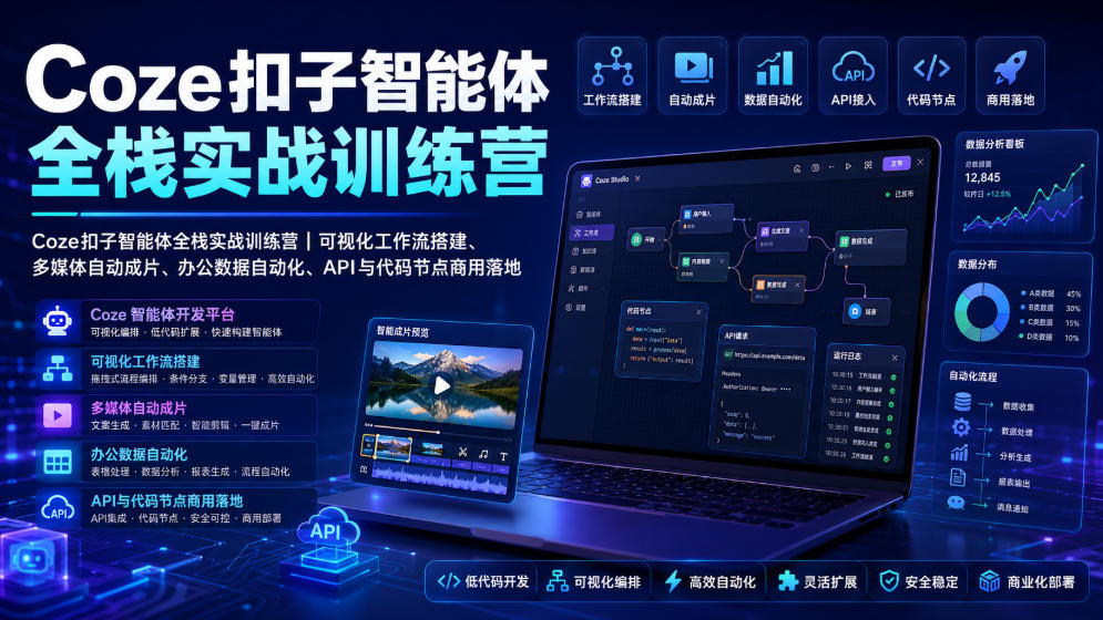 Coze扣子智能体全栈实战训练营｜可视化工作流搭建、多媒体自动成片、办公数据自动化、API与代码节点商用落地-冒泡网