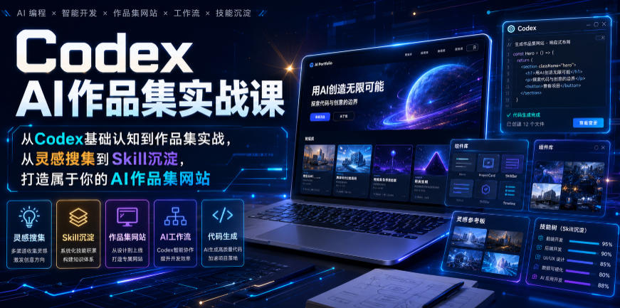 Codex AI作品集实战课,从Codex基础认知到作品集实战,从灵感搜集到Skill沉淀,打造属于你的AI作品集网站-冒泡网