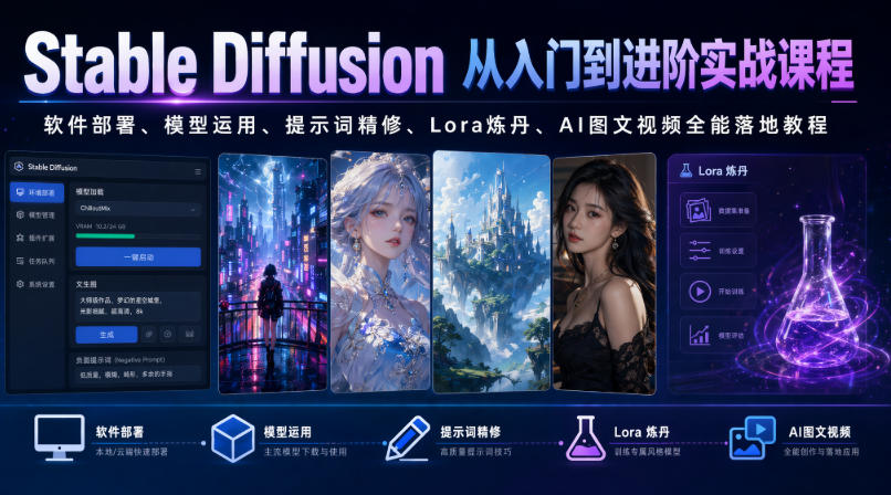 Stable Diffusion从入门到进阶实战课程|软件部署、模型运用、提示词精修、Lora炼丹、AI图文视频全能落地教程-蜗牛学社