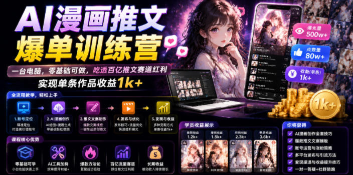AI漫画推文爆单训练营，一台电脑，零基础可做，吃透百亿推文赛道红利，实现单条作品收益1k+-蜗牛学社