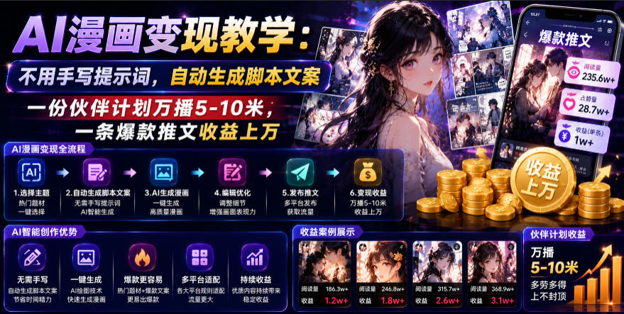 AI漫画变现教学：不用手写提示词，自动生成脚本文案，一份伙伴计划万播5-10米，一条爆款推文收益上W-蜗牛学社