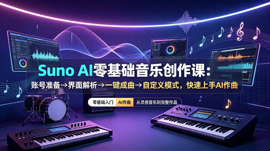 Suno AI零基础音乐创作课:账号准备→界面解析→一键成曲→自定义模式,快速上手AI作曲-冒泡网