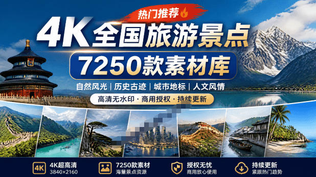 热门全国旅游风景素材!4K全国旅游景点素材库,7250款素材,旅行达人城市航拍风景风光高清短视频-冒泡网