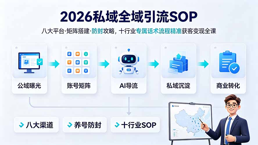 2026私域全域引流SOP|八大平台·矩阵搭建·防封攻略,十行业专属话术流程精准获客变现全课-冒泡网