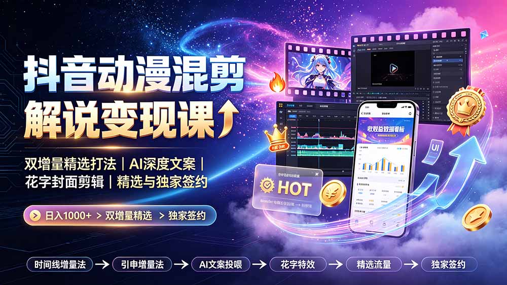 抖音动漫混剪解说变现课:双增量精选打法|AI深度文案|花字封面剪辑| 精选与独家签约日入1000+-冒泡网