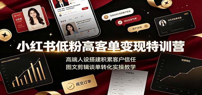 小红书低粉高客单变现特训营:高端人设搭建积累客户信任,图文剪辑谈单转化实操教学-冒泡网