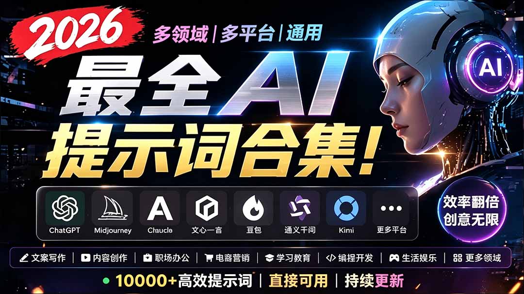2026最全AI提示词合集!多领域多平台通用,涵盖AI绘画、电商主图、爆款文案,脚本创作等-冒泡网