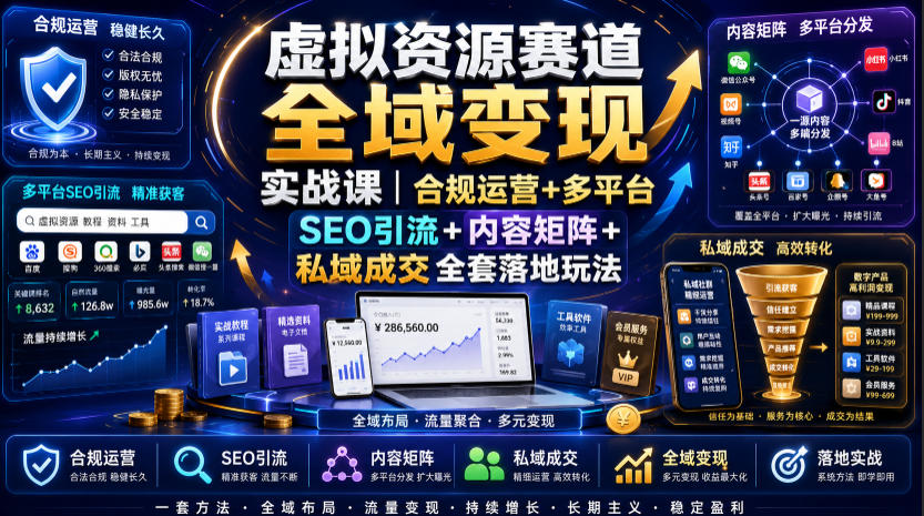 虚拟资源赛道全域变现实战课｜合规运营+多平台SEO引流+内容矩阵+私域成交全套落地玩法-冒泡网