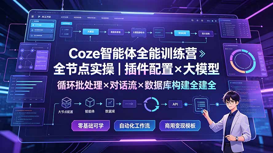 Coze智能体全能训练营:全节点实操|插件配置×大模型×循环批处理×对话流×数据库构建全教学-冒泡网
