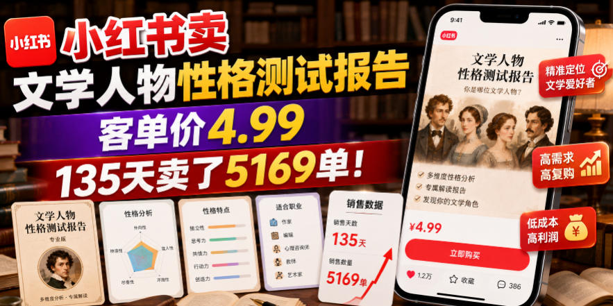 小红书卖文学人物性格测试报告,客单价4.99,135天卖了5169单!-冒泡网